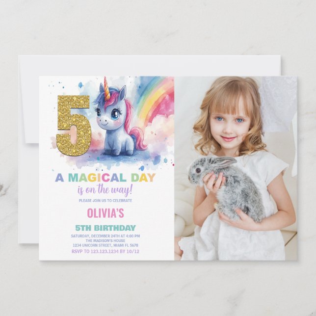 Invitación 5.ª foto de unicornio de cumpleaños (Anverso)