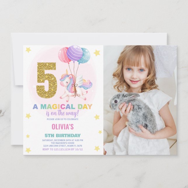 Invitación 5.ª foto de unicornio de cumpleaños (Anverso)