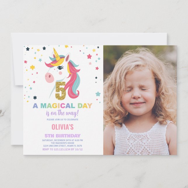 Invitación 5.ª foto de unicornio de cumpleaños (Anverso)