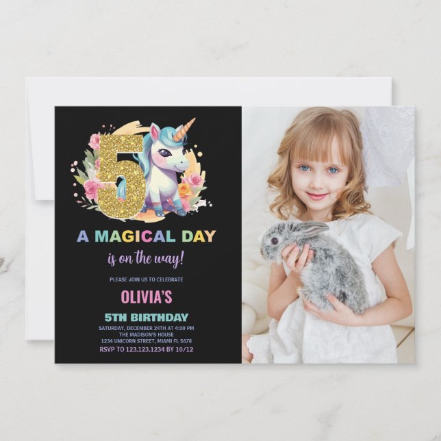 Invitación 5.ª foto de unicornio de cumpleaños (Anverso)