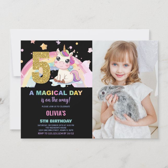 Invitación 5.ª foto de unicornio de cumpleaños (Anverso)
