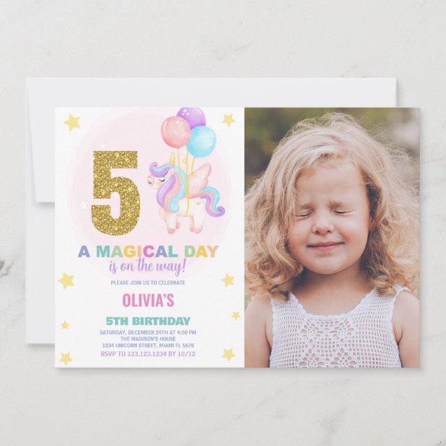 Invitación 5.ª foto de unicornio de cumpleaños (Anverso)