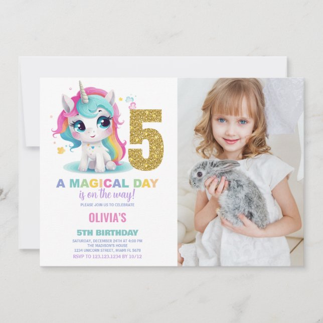 Invitación 5.ª foto de unicornio de cumpleaños (Anverso)