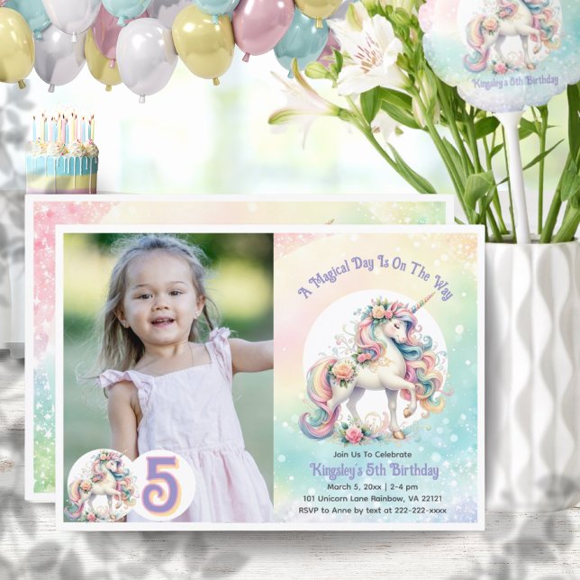 Invitación 5.ª foto del arco iris del radiante pastelero de u (5th Five Unicorn Pastel Radiant Rainbow Photo Invitation)