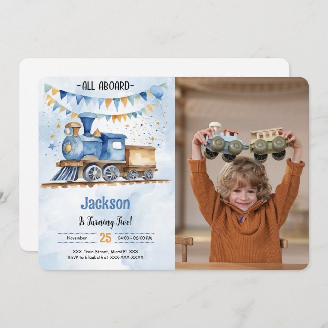 Invitación 5.ª foto del Fiesta del tren de cumpleaños (Anverso / Reverso)