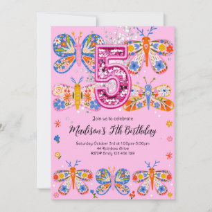 Invitación 5.ª mariposa rosa de cumpleaños