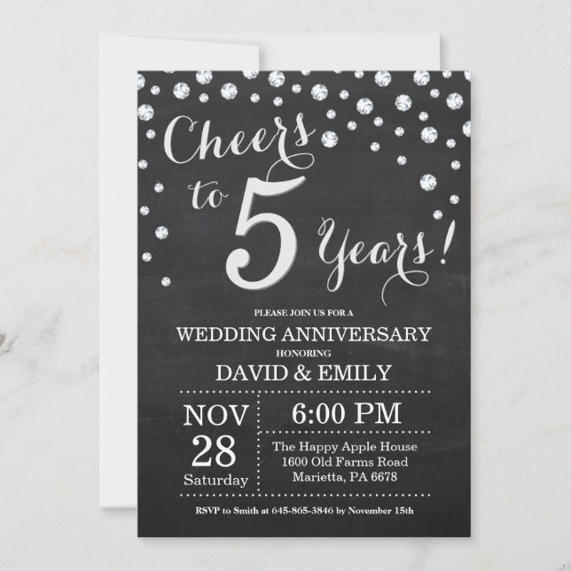 Invitación 5.º aniversario Boda Chalkboard Black Silver (Anverso)