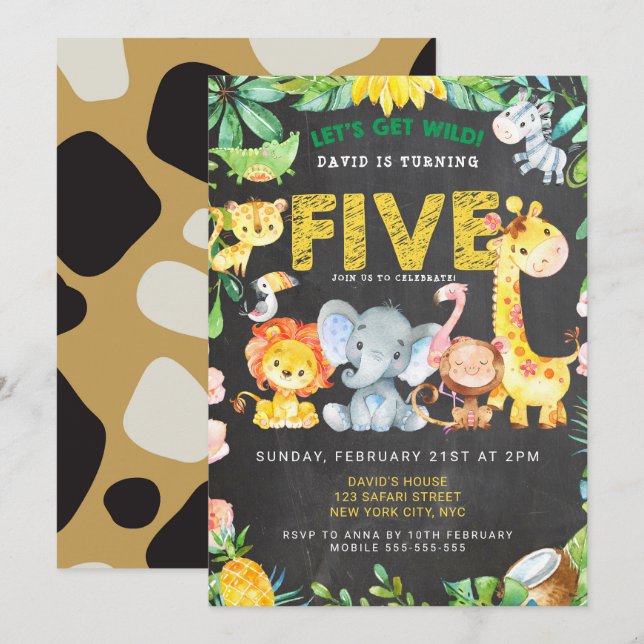 Invitación 5.º Aniversario Safari Jungle Chalkboard Cute Boy (Anverso / Reverso)