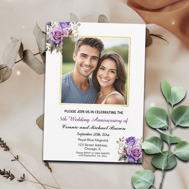 Invitación 5.º Boda Aniversario del marco dorado Rosas morado (Subido por el creador)