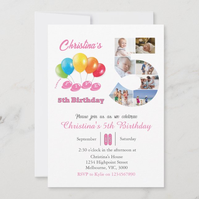 Invitación 5.º Chica de collage de fotos de cumpleaños número (Anverso)