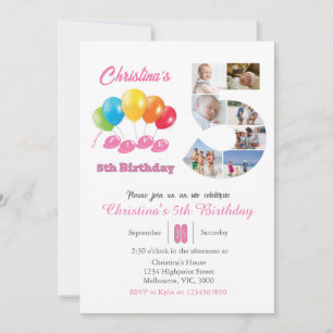 Invitación 5.º Chica de collage de fotos de cumpleaños número