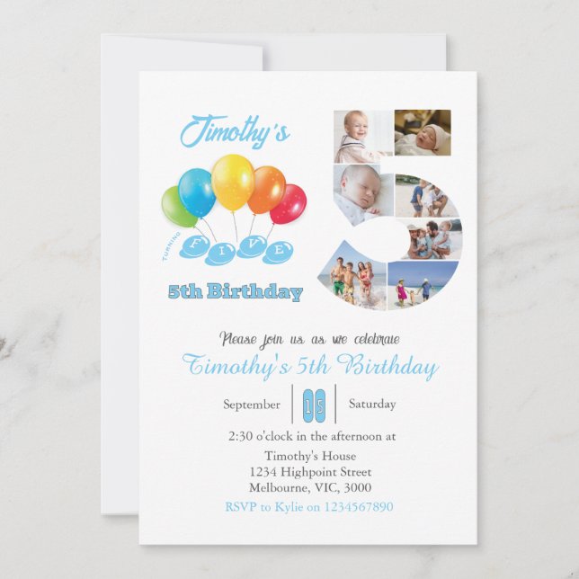 Invitación 5.º collage de fotos de cumpleaños número 5 Boy (Anverso)