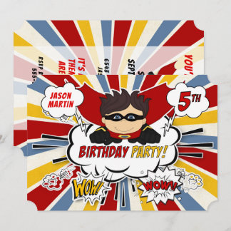 Invitación 5.º Cómic Rojo Superhéroe de la fiesta de cumpleañ