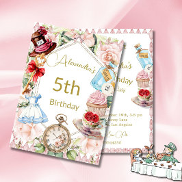 Invitación 5.º Cumpleaños Alicia En Floral Rosa De Maravilla