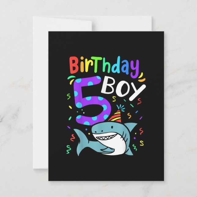 Invitación 5.º cumpleaños, cinco años, regalos de tiburón (Anverso)