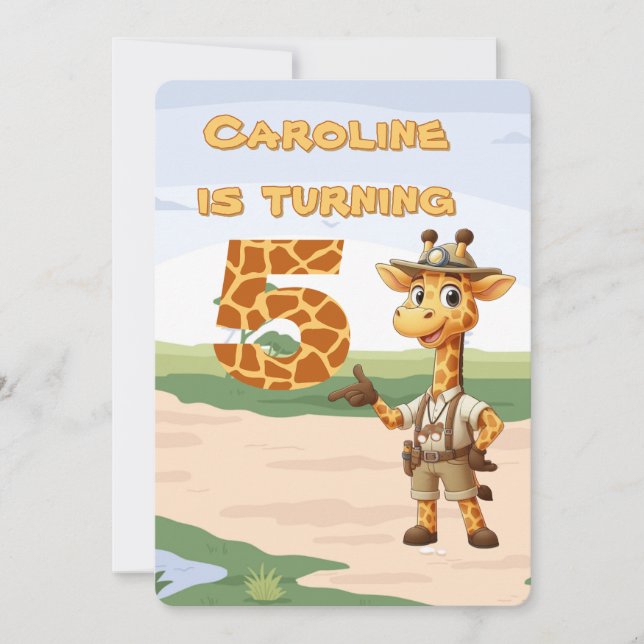 Invitación 5.º cumpleaños Cute Explorer Giraffe en safari (Anverso)