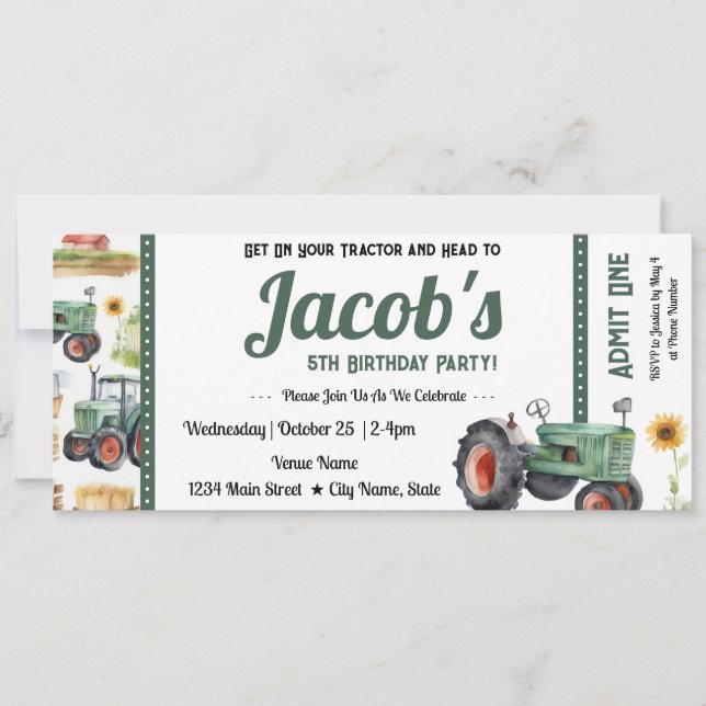 Invitación 5.º Cumpleaños Obtén tu boleto de Tractor (Anverso)