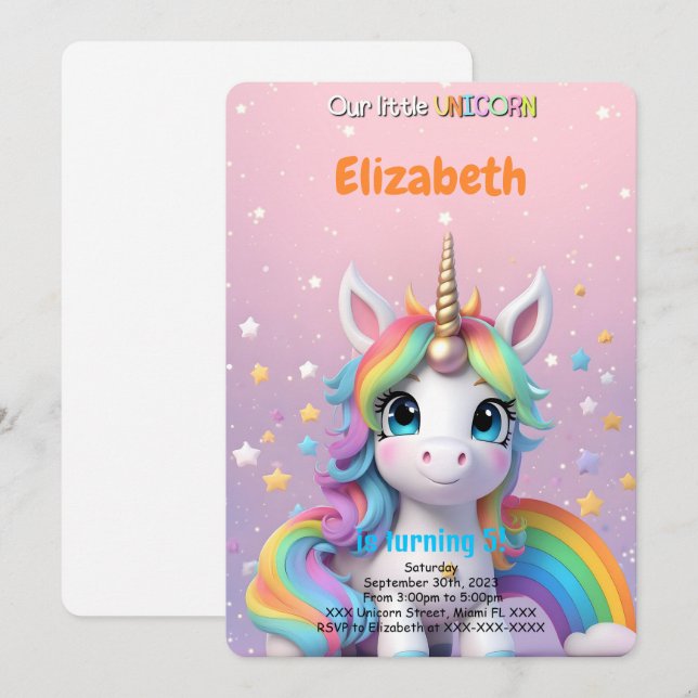 Invitación 5.º cumpleaños Unicornio (Anverso / Reverso)