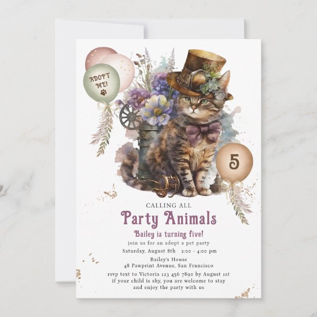 Invitación 5.º Fiesta de Adopción de Mascota Gatito Gatito de (Anverso)