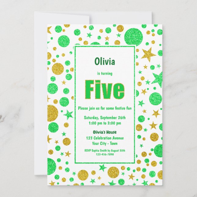 Invitación 5.º Fiesta de Purpurina Verde y Oro de Cumpleaños (Anverso)