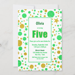 Invitación 5.º Fiesta de Purpurina Verde y Oro de Cumpleaños