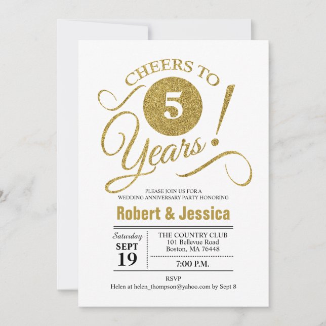 Invitación 5.º Fiesta del Aniversario del Boda - Blanco Oro (Anverso)