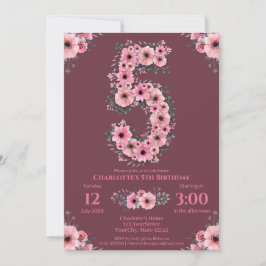 Invitación 5.º Gran Chica de Cumpleaños Flores Rosadas Foliag