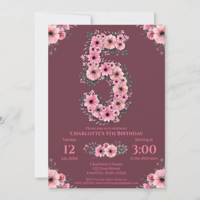 Invitación 5.º Gran Chica de Cumpleaños Flores Rosadas Foliag (Anverso)