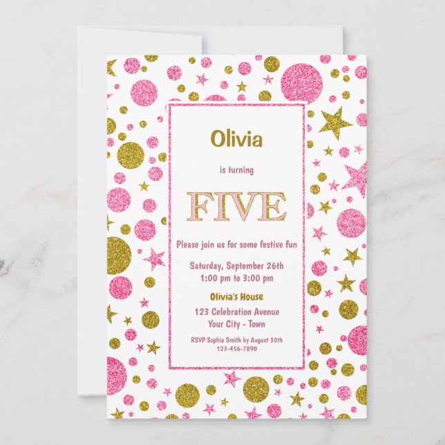 Invitación 5.º Purpurina de oro y rosa de cumpleaños (Anverso)
