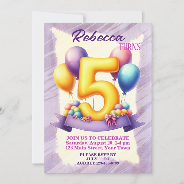Invitación 5.º tema del globo de cumpleaños (Anverso)