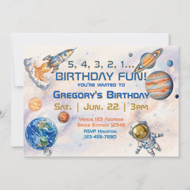 Invitación 5 4 3 2 1 Espacio de Cumpleaños Divertido  (Anverso)