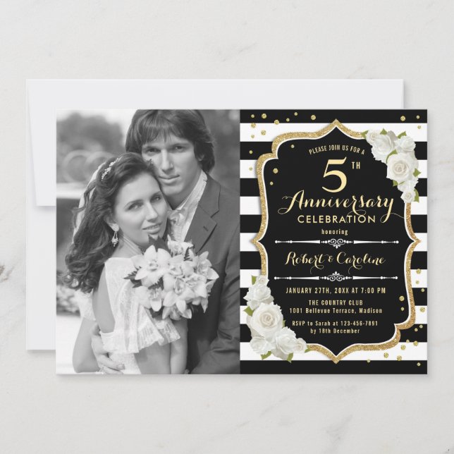 Invitación 5° Aniversario con foto - Negro de oro (Anverso)