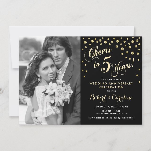 Invitación 5° Aniversario con foto - Negro de oro (Anverso)