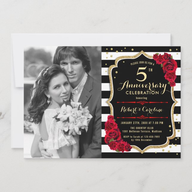 Invitación 5° aniversario con foto - Rojo negro dorado (Anverso)