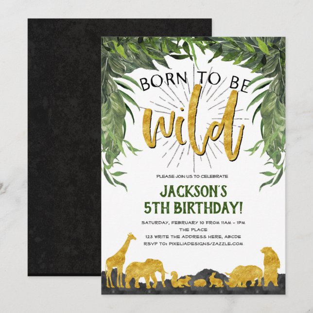 Invitación 5 cumpleaños, Nacido para ser salvaje, animal de l (Anverso / Reverso)