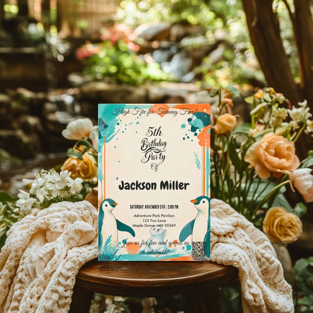 Invitación 5° cumpleaños, Verde azulado y Naranja, Polar (Subido por el creador)