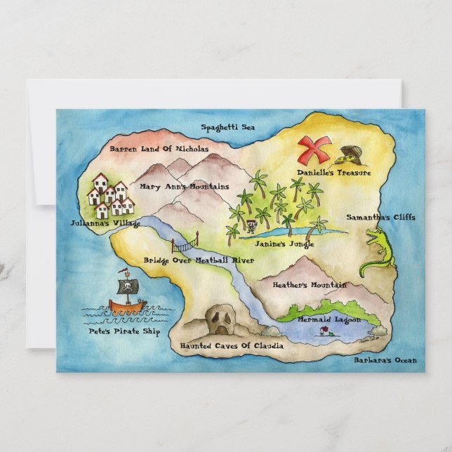 Invitación 5" del fiesta del mapa del pirata x 7" (Anverso)