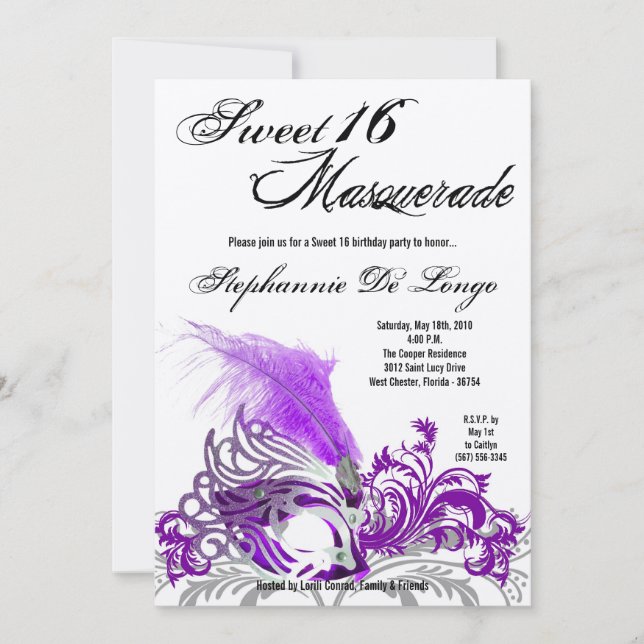 Invitación 5 días a la semana Dulce de Mascarada Púrpura 16 c (Anverso)