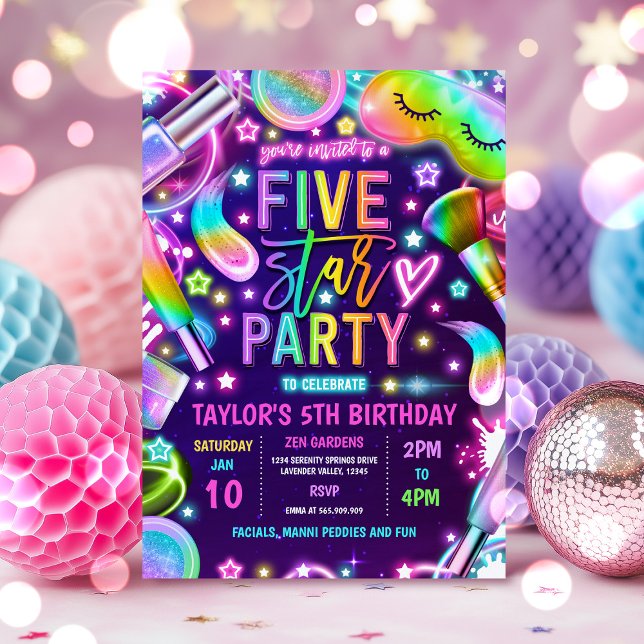 Invitación 5 Estrellas Fiesta Neon Glow Spa Makeup 5º cumplea (Subido por el creador)