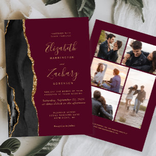 Invitación 5-Foto Agata Negro Oro Burgundy Boda