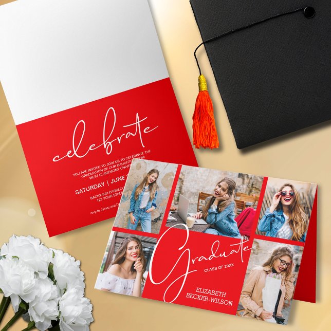 Invitación 5 Foto Graduación Roja (Folded 5 photo collage red graduation party invitations)