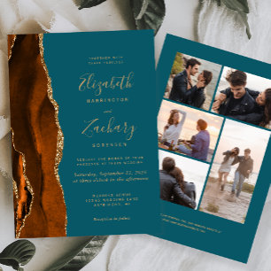 Invitación 5-Foto Naranja Quemado Agata Azul Turquesa Boda