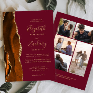 Invitación 5-Fotos Naranja Quemado Oro Ágata Burgundy Boda