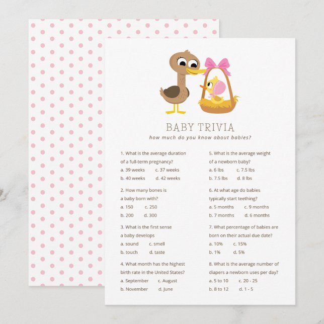 Invitación 5 Little Ducks Baby Trivia | Baby Shower chica (Anverso / Reverso)