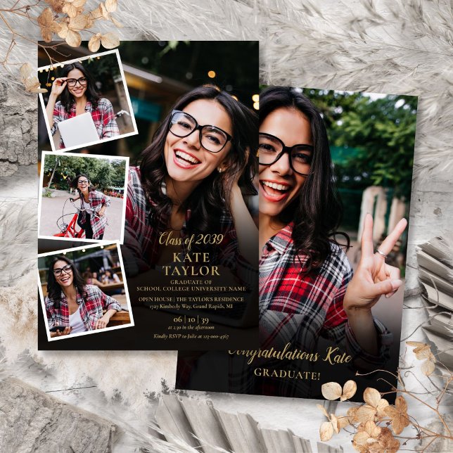 Invitación 5 Partido de Graduación de Oro de Collage de fotos (5 Photo Collage Gold Graduation Party Invitation)