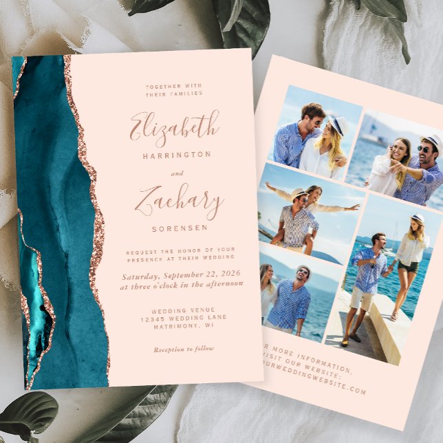 Invitación 5-Photo Teal Blue Rose Gold Agate Blush Wedding (Subido por el creador)