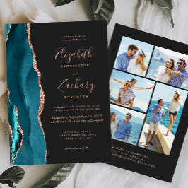 Invitación 5-Photo Teal Blue Rose Gold Agate Dark Wedding