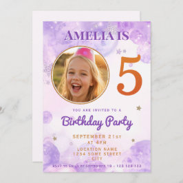 Invitación 5 Purple Gold Star Bubbles 5th Birthday Invitation