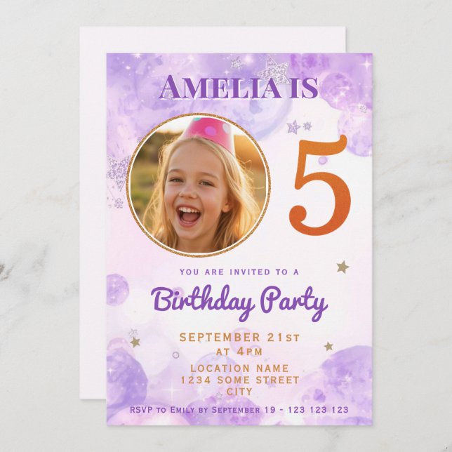 Invitación 5 Purple Gold Star Bubbles 5th Birthday Invitation (Anverso / Reverso)