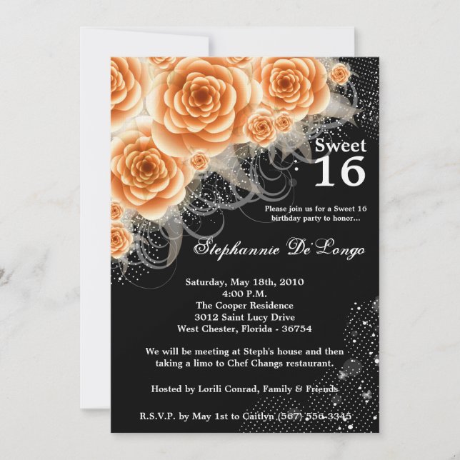 Invitación 5 Rosas Naranjas las 7 horas del día Dulce 16 Invi (Anverso)